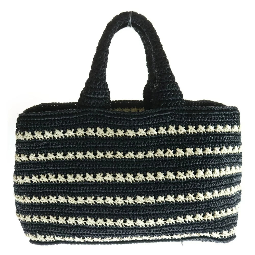 PRADA Canapa Raffia Triangle Logo Plate Basket Hand Tote Bag Black White - Picture 2 of 6